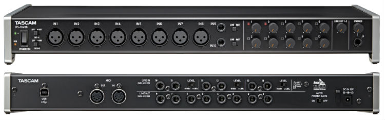 Interface de audio Tascam US-16x08: paneles frontal y posterior