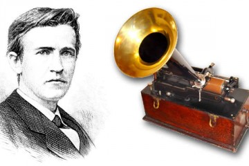 Thomas Alva Edison y una de las primeras unidades de su Fonografo