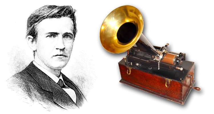 Thomas Alva Edison y una de las primeras unidades de su Fonografo