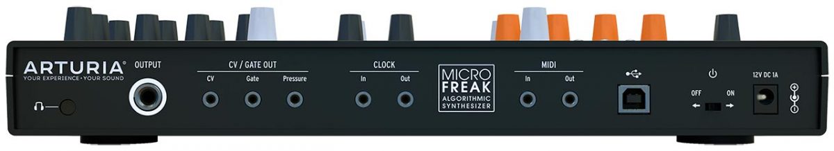 Arturia MicroFreak: panel posterior con puertos CV/Gate (más una salida de 'Pressure'), Clock, MIDI y USB