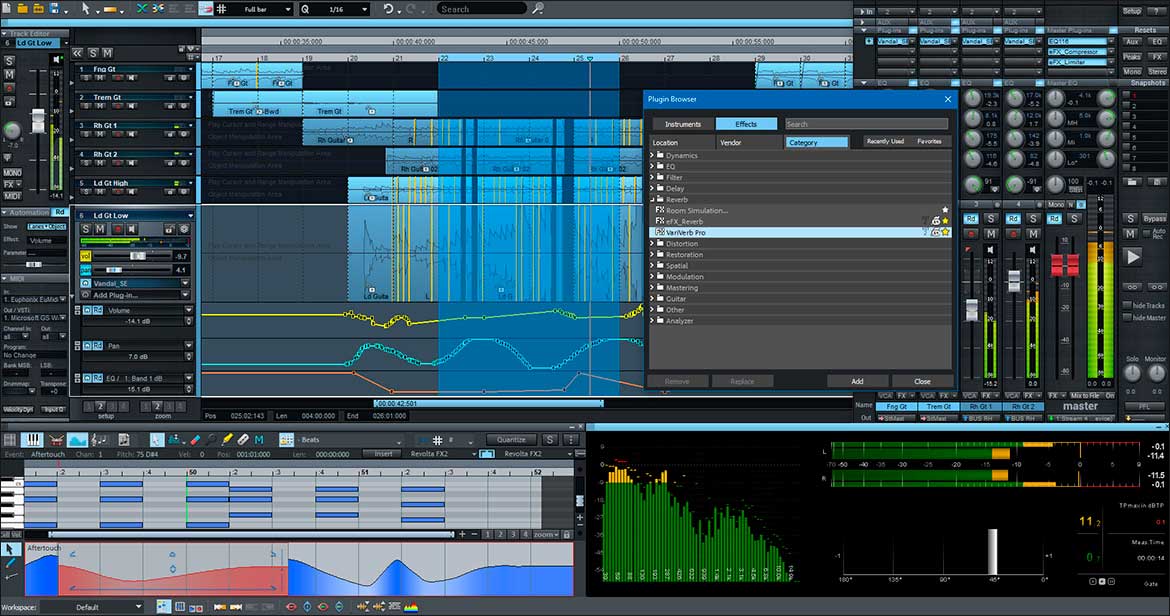 Una vista enriquecida de Samplitude Pro X4: todo un universo de herramientas para audio y MIDI en esa pantalla