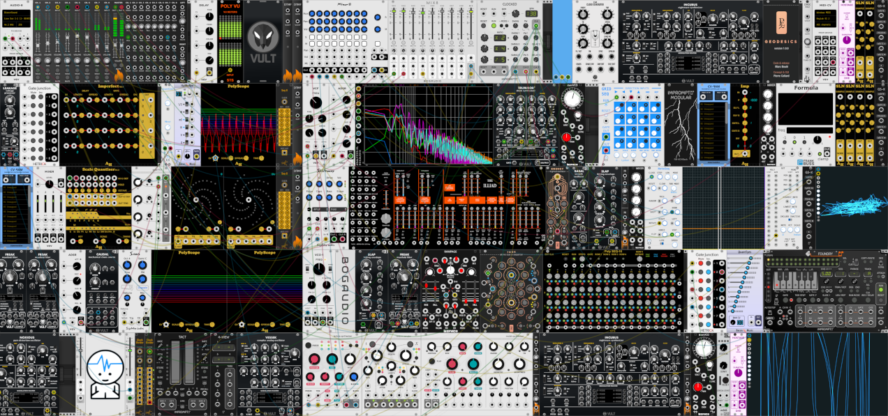 Toda una diversidad de módulos está disponible para arrastrar en el panel del sintetizador modular virtual VCV Rack