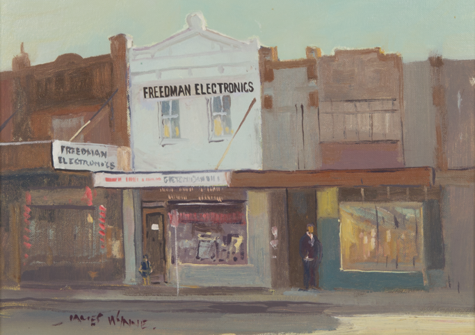 Pintura de Freedman Electronics: La tienda original en Liverpool Rd, Ashfield, en Sydney. Una obra original de Jim Wynne