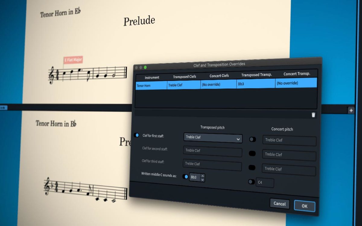 Crea partes instrumentales adicionales en diferentes transposiciones con Dorico 3.5
