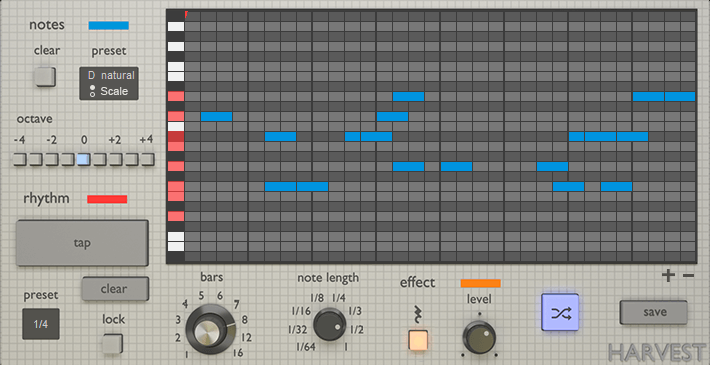Puedes sincronizar los ritmos del secuenciador VST gratis Harvest Mini con el ratón ('Tap'), y disponer las notas de la pianola con tu patrón