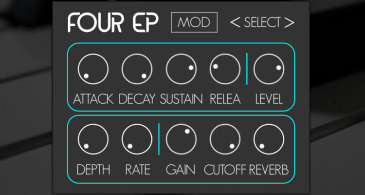 El piano virtual gratis Four EP te regala sonidos eléctricos creados mediante síntesis aditiva y FM