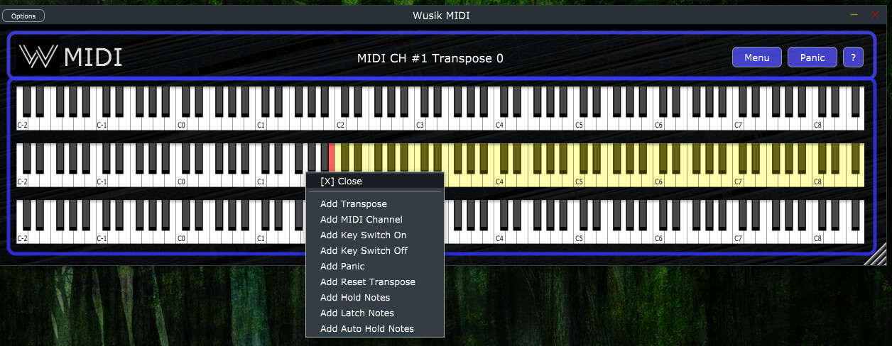 Algunas opciones de Wusik MIDI tras hacer clic sobre una zona