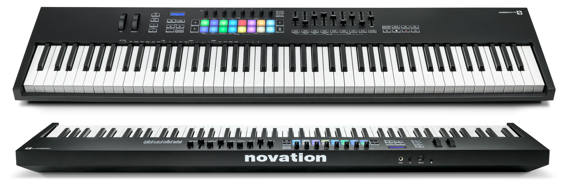 Vistas superior y posterior del teclado MIDI controlador Novation Launchkey 88 MK3 (LK88) -haz clic para ampliar