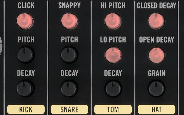 Panel de ajustes de parámetros para los sonidos sintetizados de Volca Beats  
