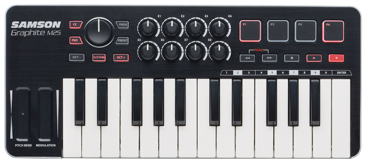 Vista frontal del teclado controlador MIDI Samson Graphite M25 