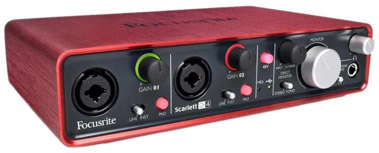 Focusrite Scarlett 2i4: este popular interface ofrece dos entradas conmutables para niveles de línea y guitarra (Hi-Z), ambas provistas de reguladores de ganancia