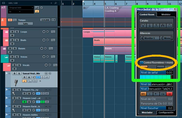 Vista del "Mezclador de la Control Room" en Cubase para realizar comprobaciones mono