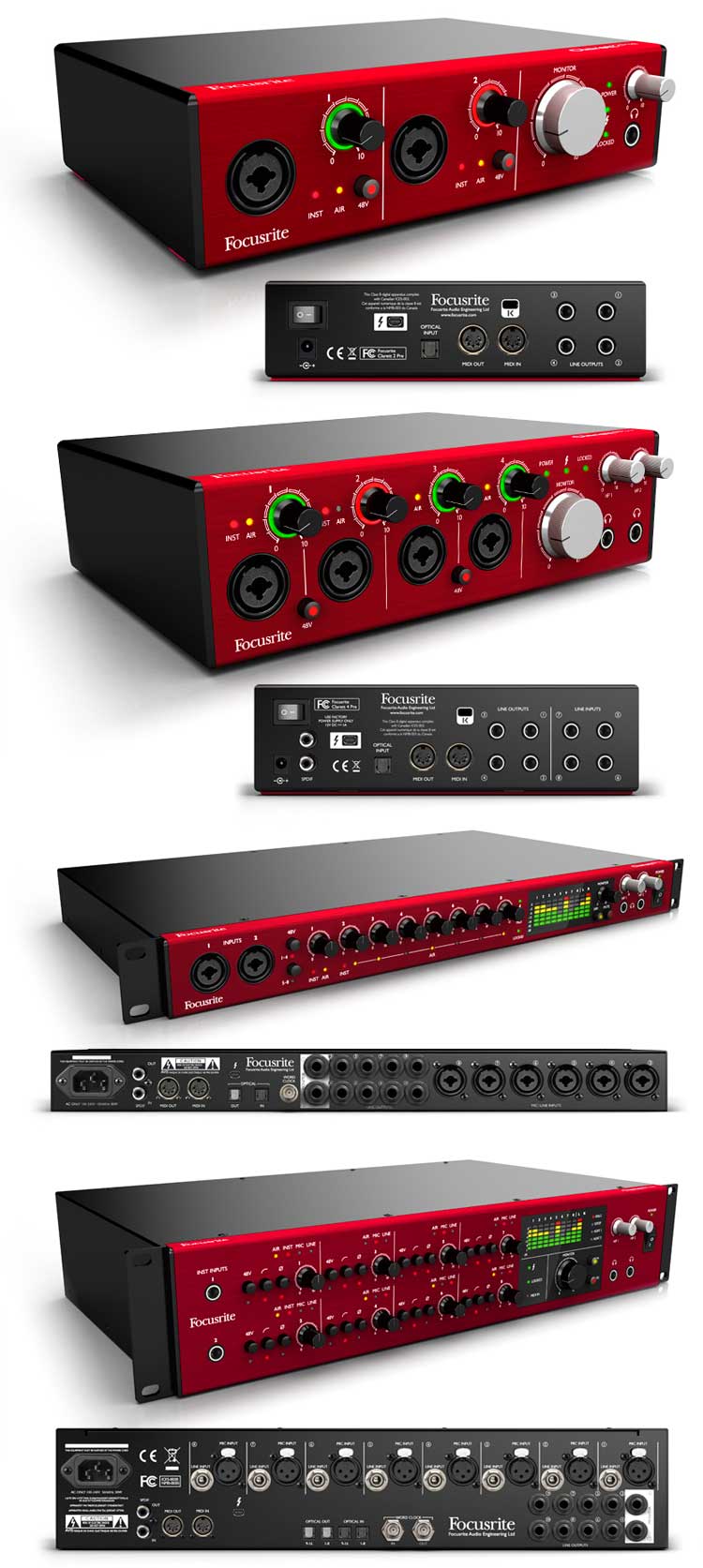 Los cuatro modelos de Focusrite Clarett, todos ellos interfaces de audio Thunderbolt de prestaciones avanzadas