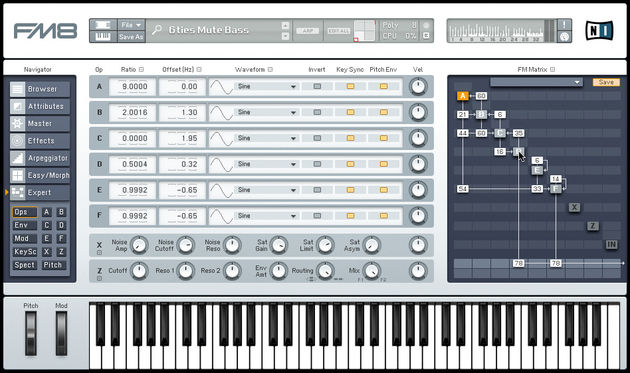 Vista 'Expert' del sintetizador FM8 de Native Instruments