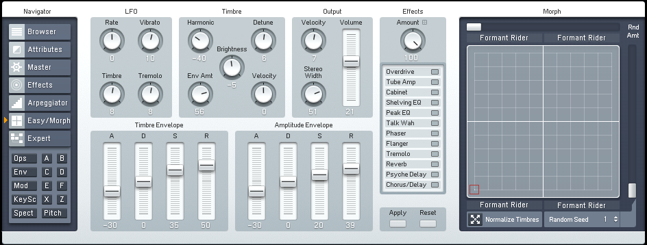 Vista 'Easy/Morph' de FM8, con las opciones de morphing entre sonidos