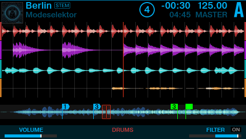 Vista de STEMS desde las pantallas de Traktor Kontrol D2 y S8