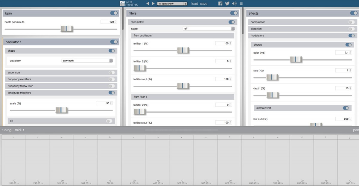 El panel gráfico de WebSynths, simple y claro -te invita al toqueteo