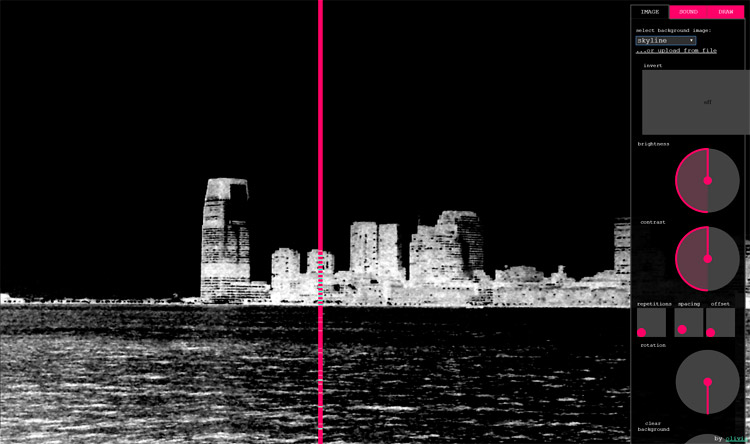 Pixelsynth con una de sus imágenes precargadas, una ciudad en la oscuridad