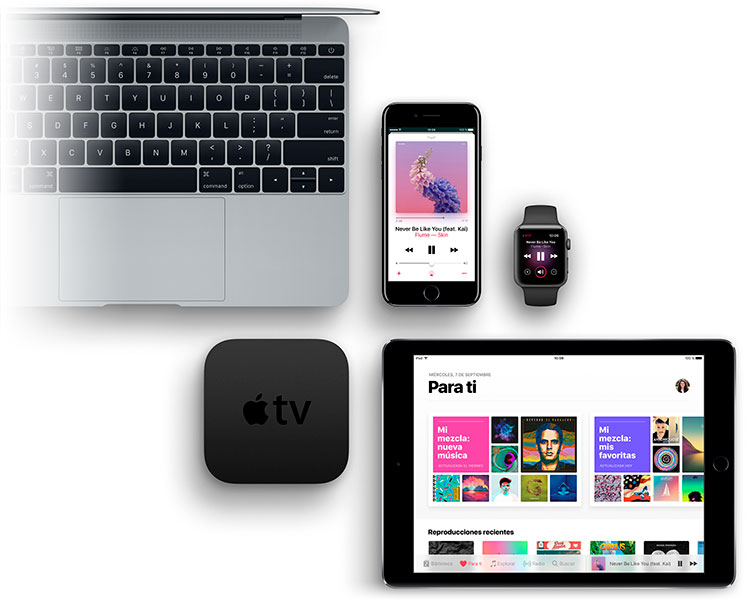 Disfruta de Apple Music con una amplia gama de dispositivos, incluidos ordenadores PC y Mac, móviles iPhone y Android, iPad, tablets y más