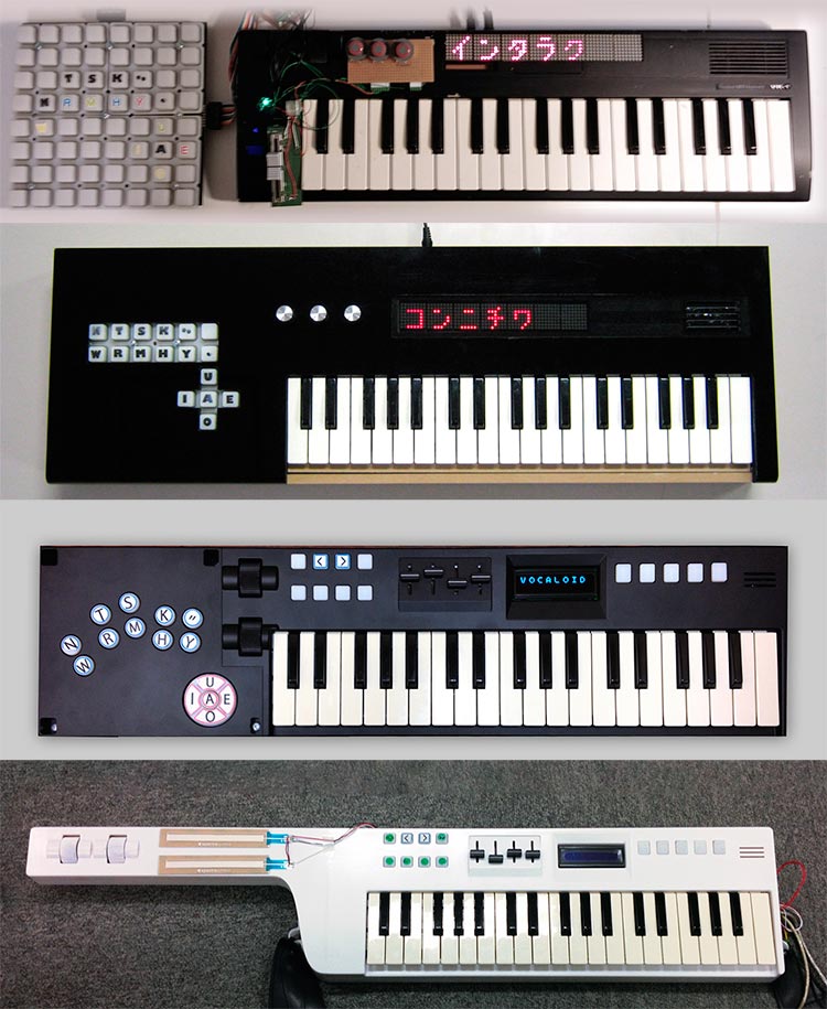 Cuatro generaciones de prototipos del keytar Yamaha Vocaloid VKB-100, desde 2011 hasta 2014