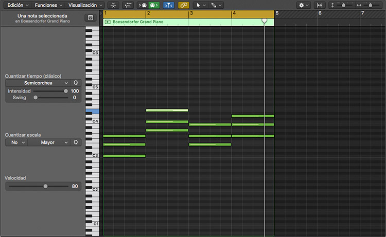 Progresiones de acordes: la progresión de acordes del ejemplo, en Apple Logic Pro