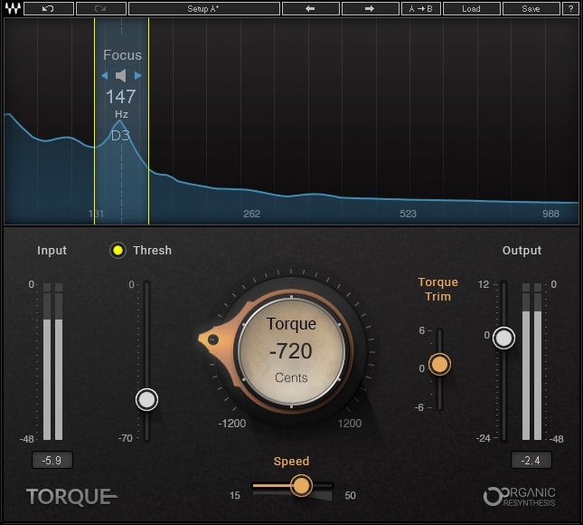 Aplicando Organic ReSynthesis sobre un filtro de formantes, Torque manipula éstos al tiempo que mantiene transitorios, timbre, duración y la resonancia natural de la señal que esté resintetizando