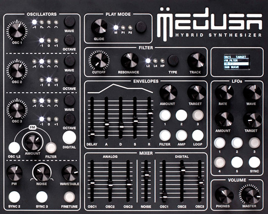 Dreadbox Medusa, recorte del panel particular con los controles del sintetizador
