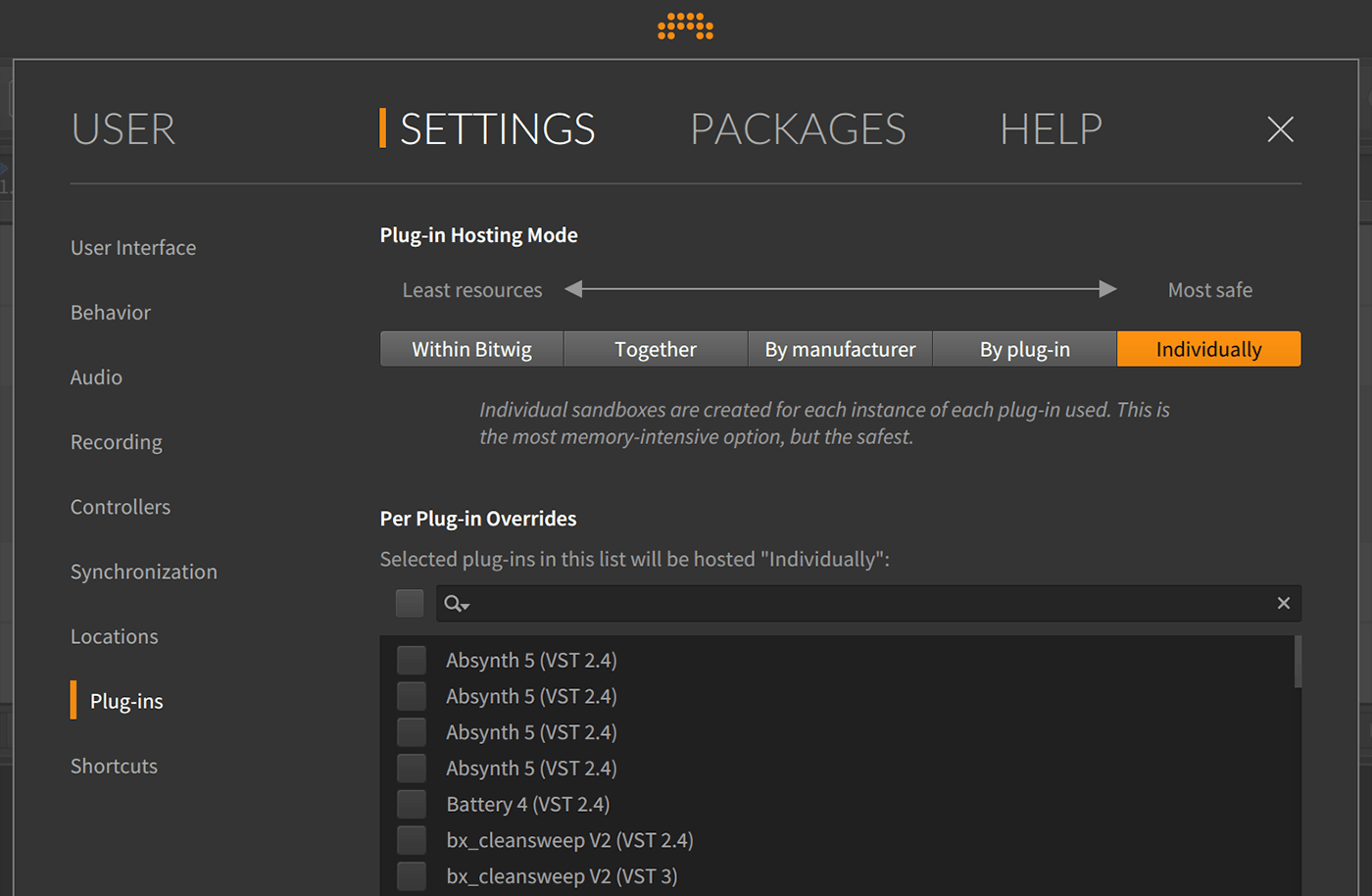Diversos modos de alojamiento para plugins en Bitwig Studio 2.5