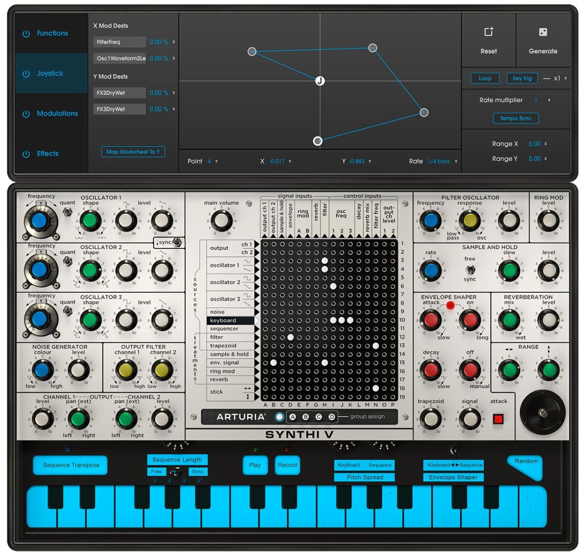 Joystick ampliado, con toda su acción innovadora desplegada: Arturia Synthi V no se queda en la emulación 1:1