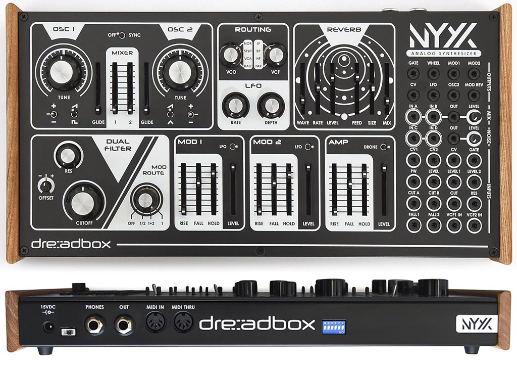 Dreadbox NYX V2 en sus paneles frontal y posterior de conexiones