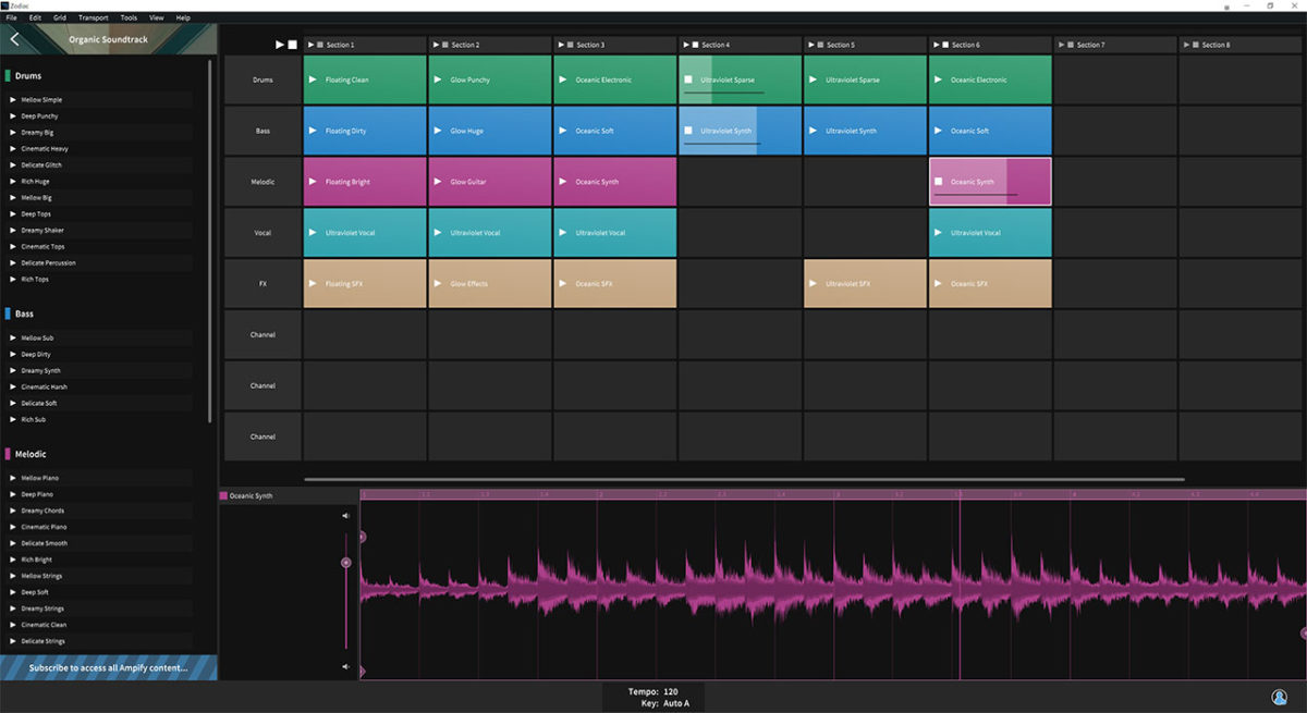 La disposición de pistas y escenas en Ampify Studio se asemeja a Live, y puedes montar estructuras al tiempo que preescuchas loops y efectos