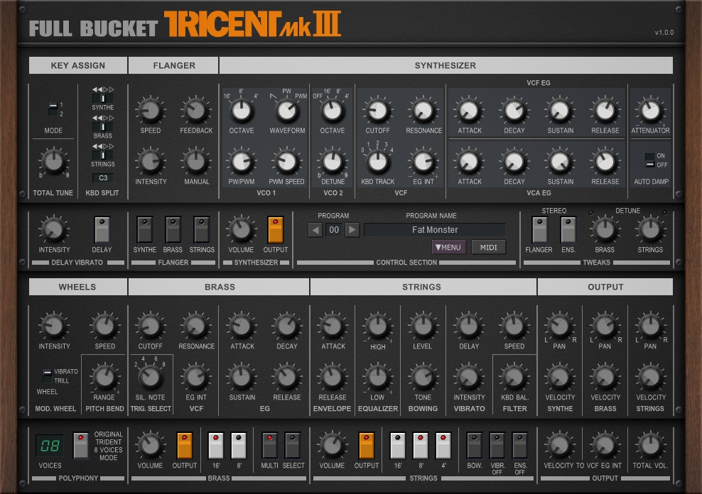 Full Bucket Music Tricent mkIII realizar una digna emulación del sintetizador añejo Korg Trident mkII de tres secciones