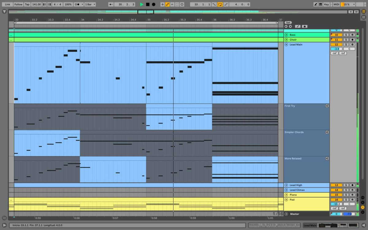 El comping también funciona con MIDI: Graba varias tomas de MIDI y combina los mejores momentos de cada una