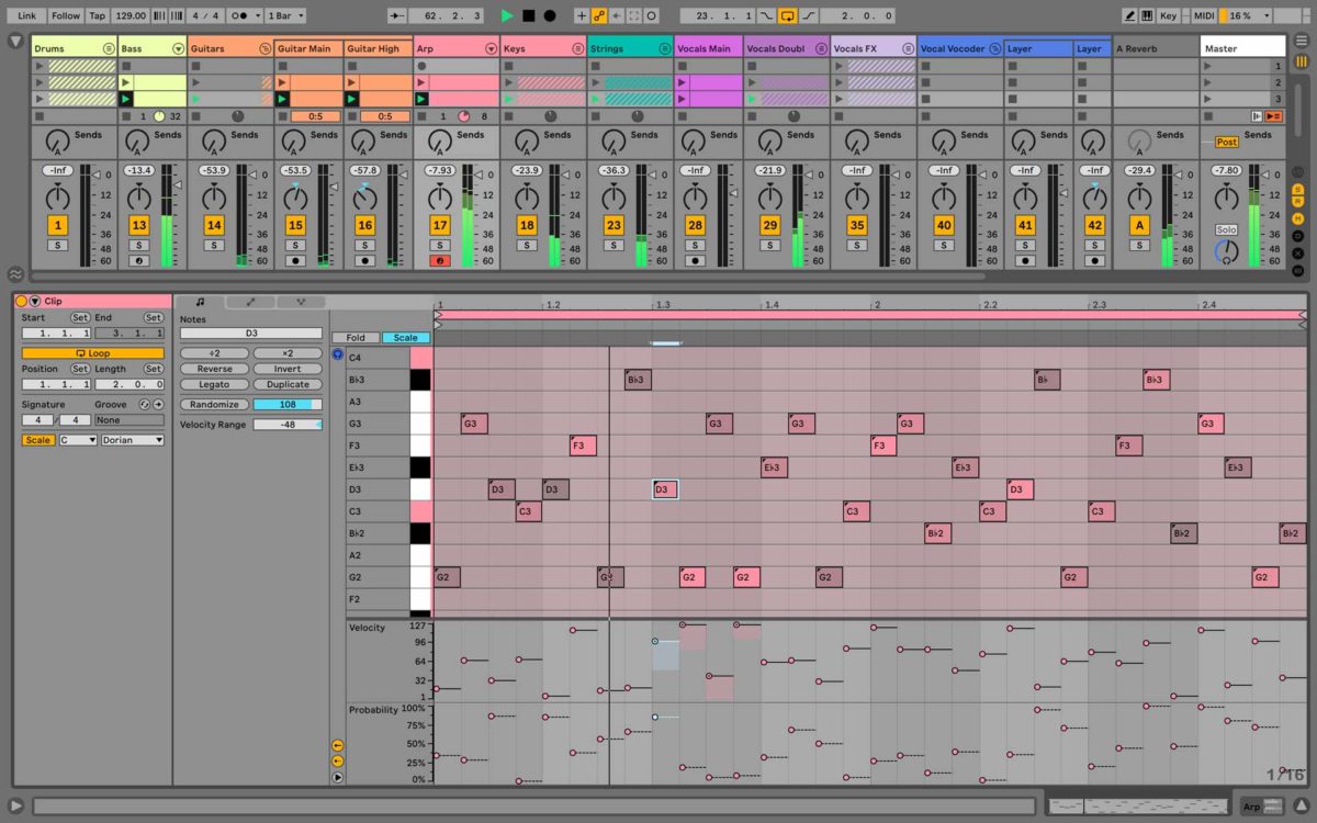 Utiliza escalas en el editor MIDI de Ableton Live 11, define la probabilidad de que suene una nota o un golpe de batería, y establece rangos de probabilidad para la velocidad