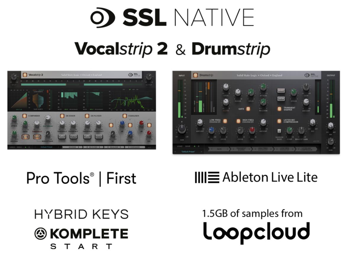 SSL Native Vocalstrip 2 y DrumStrip más otras aplicaciones musicales incluidas con los interfaces de audio SSL 2 y SSL 2+