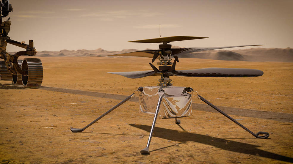 En esta ilustración, el helicóptero Mars Ingenuity de NASA se encuentra en la superficie del Planeta Rojo, mientras el rover Perseverance (visible parcialmente a la izquierda) se aleja. Créditos: NASA / JPL-Caltech