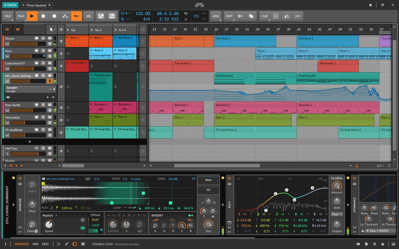 Bitwig Studio 8-Track, captura de pantalla en plena creación musical