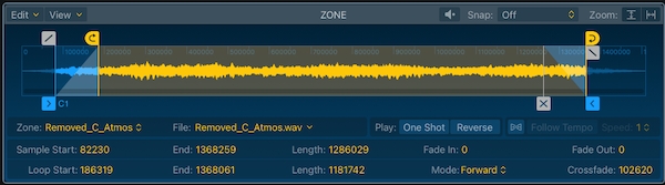 Editamos los puntos de inicio de la muestra y las opciones de bucle para conseguir un sonido indefinido en el sampler de Logic Pro