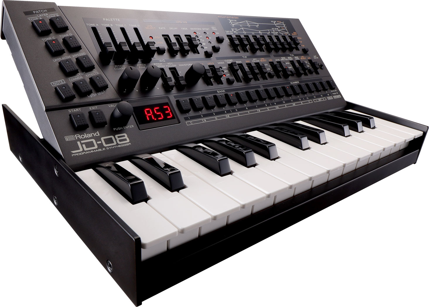 Ampliado con teclado: Roland JD-08 puede montarse sobre el teclado opcional de 25 notas K-25m