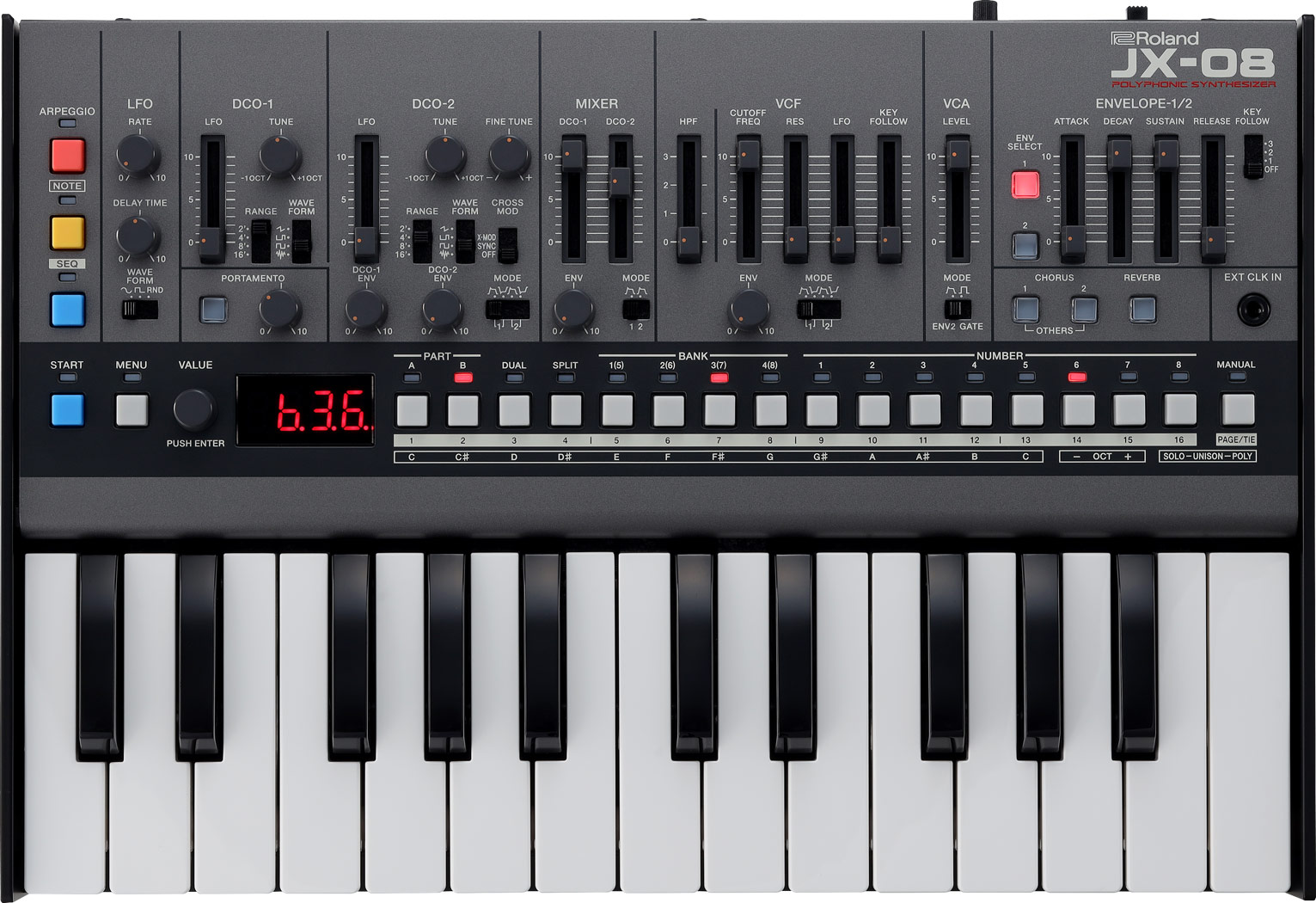 Con su teclado opcional de 25 notas, Roland JX-08 es un instrumento completo