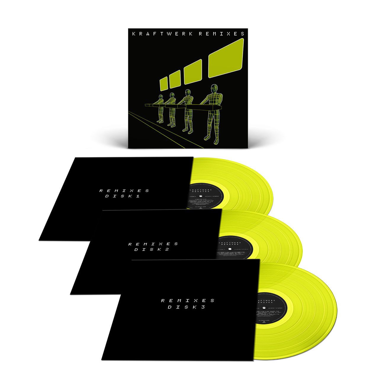 Estética, belleza, música exclusiva y un objeto de locura: Kraftwerk Remixes (en amarillo) está agotadísimo, y no podemos imaginar el precio que alcanzará en el mercado de coleccionistas el mismo día que sea lanzado