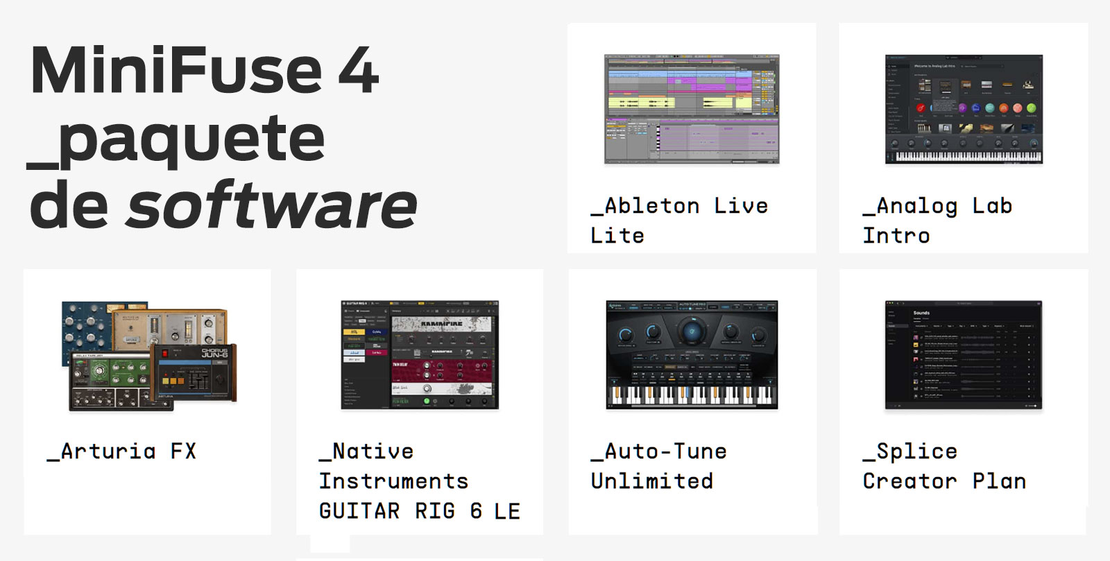 El paquete de títulos software de música, audio y procesamiento que viene incluido gratis con MiniFuse 4
