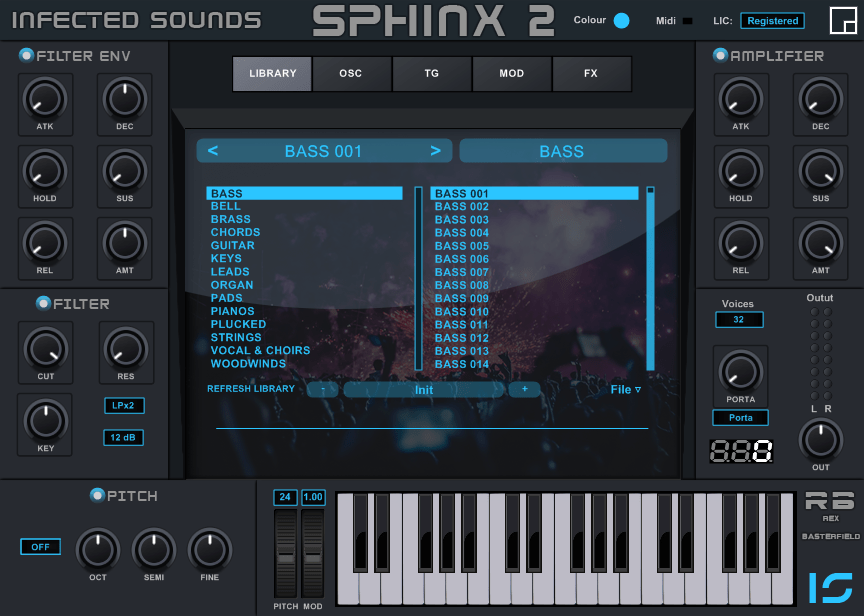 Panel gráfico principal del ROMpler sintetizador Sphinx 2 para Windows