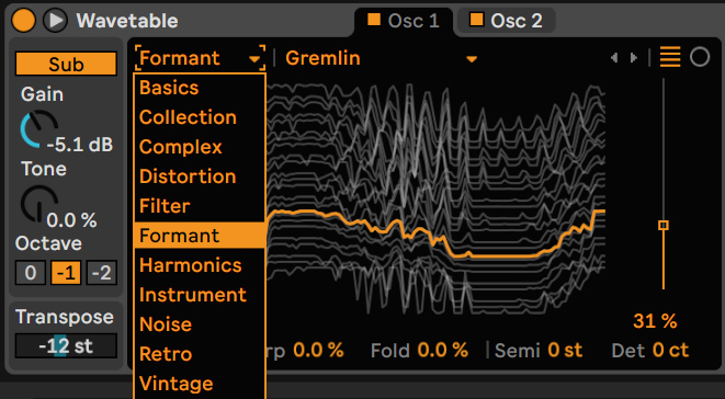 Sonidos de bajo con Ableton 'Wavetable' -osciladores, selección de tablas de onda, afinación, posición de lectura y suboscilador