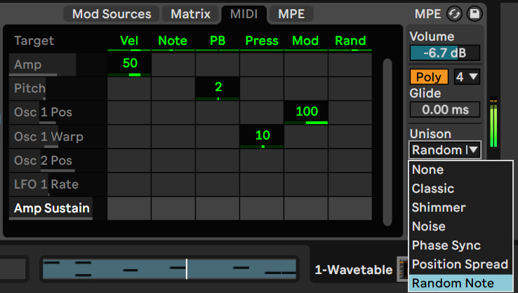 Sonidos de bajo con Ableton 'Wavetable' -más posibilidades de modulación, y las diversas opciones de 'Unison' y 'Voices' para determinar el grosor del sonido resultante