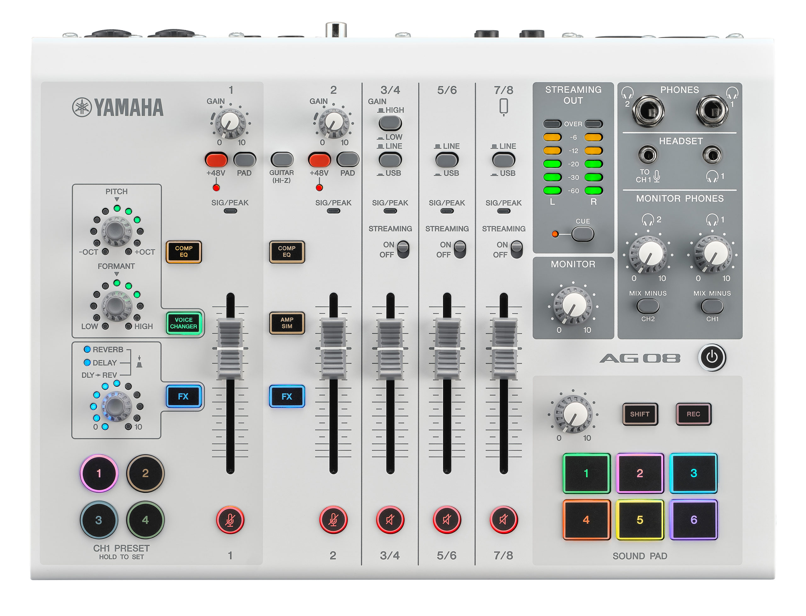 Panel frontal del mezclador para streaming Yamaha AG08