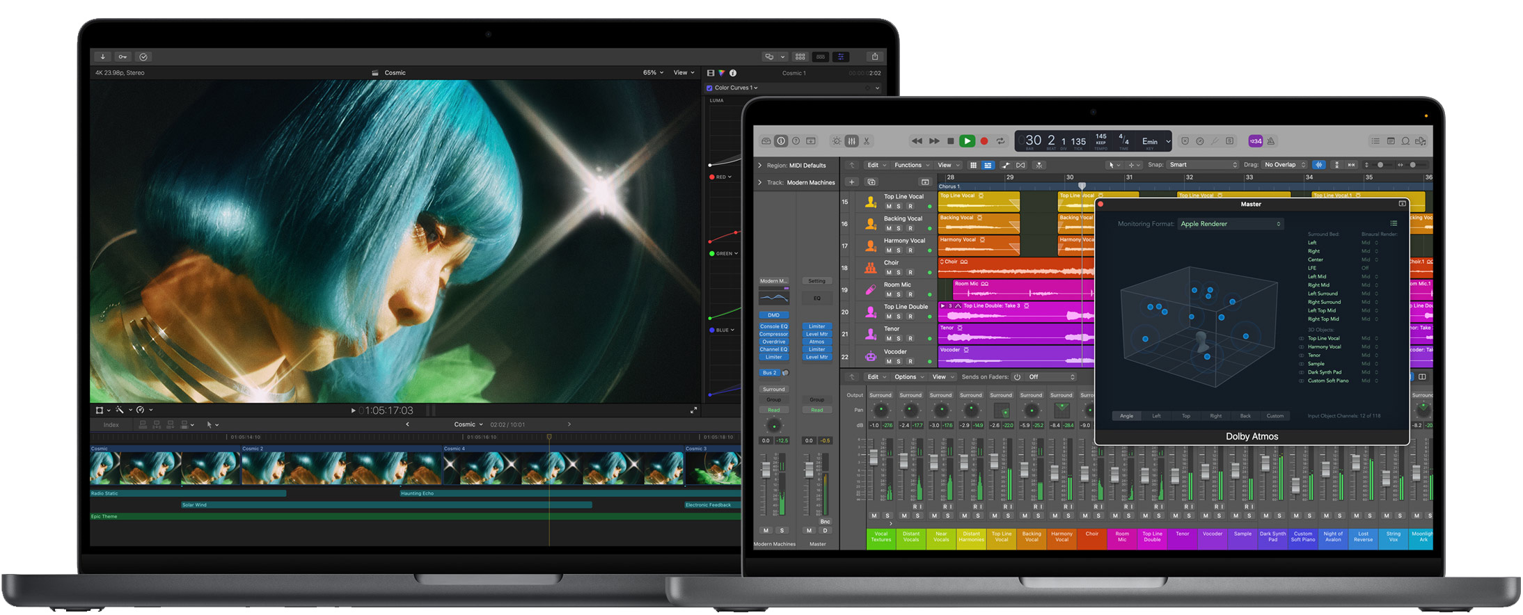 Apple MacBook Pro M2 con pantallas de 16 y 14 pulgadas, ejecutando las aplicaciones populares Final Cut Pro y Logic Pro