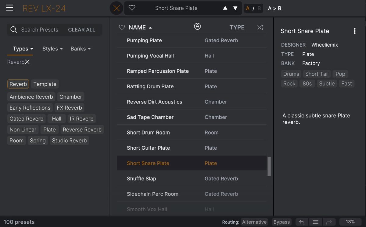 El navegador de presets de Arturia ya es habitual en todos sus plugins -y Rev LX-24 no podía marcar la excepción