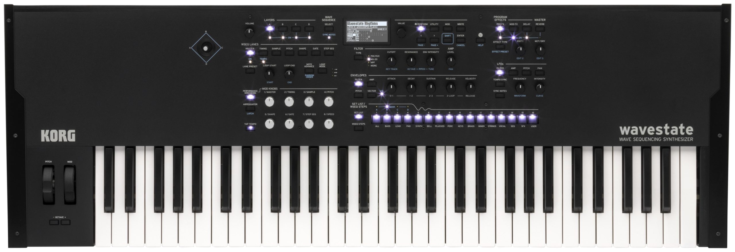 El panel frontal en aluminio cepillado negro de Korg wavestate SE -con teclado de sensación natural de la marca, compatible con postpulsación (aftertouch)