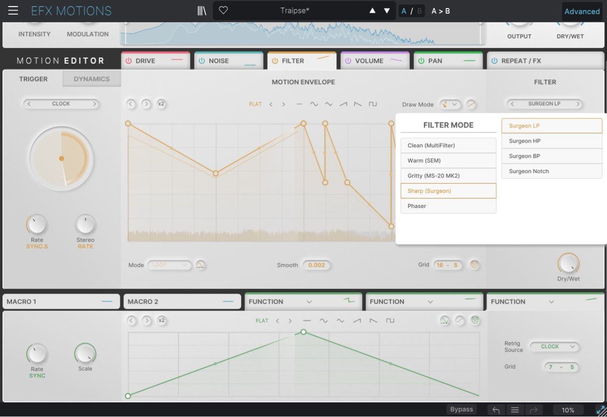 Variedad de filtros en Arturia Efx MOTIONS